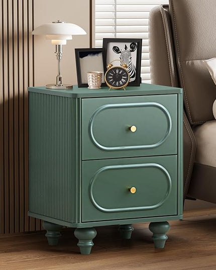 2 Drawer Fluted Mini Small Dresser for Bedroom Set of 2, Mid Century Modern Nightstand Bedside End Table, Wood Storage Dresser Organizer for Bedroom, Green