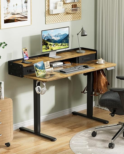 Homall Electric Standing Desk with 2 Drawers, Adjustable Height Computer Desk with Monitor Shelf Sit Stand Table with Splice Board Quick Install for Home Office (Rustic Brown, 48 Inch)