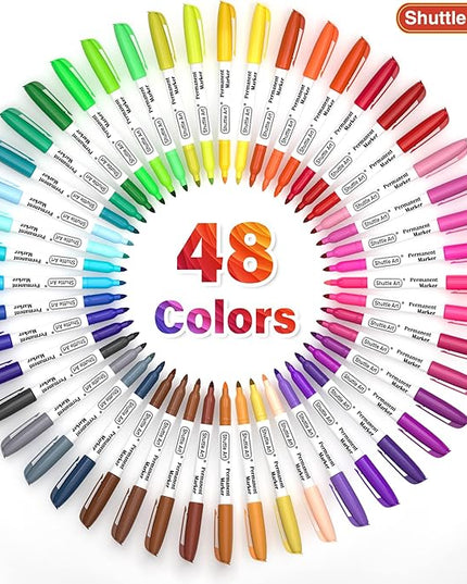 Shuttle Art 48 Colors Permanent Markers, Fine Point, Assorted Colors, Works on Plastic,Wood,Stone,Metal and Glass for Doodling, Coloring, Marking