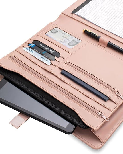 FOREVERMORE PORTFOLIOS Padfolio Binder Organizer for Women | Faux Leather Portfolio Folder for Resume, Documents, Notebook, Tablet and Business Cards | Notepad Included - Pink with Gold Edge