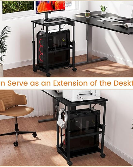 Snughome Extra-Large Computer Tower Stand with Charging Station, Adjustable PC Tower Stand for Floor 25.2"-36.22", PC Stand with Locking Wheels Mobile Rolling CPU Holder Cart for Gaming Office Home