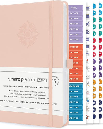 Smart Planner Pro – Undated Daily Planner – Small A5 – Achieve Goals & Increase Productivity – Weekly, Monthly, Work Sections, Organizer Diary with Back Pocket, 3 Satin Bookmarks & Pen Holder
