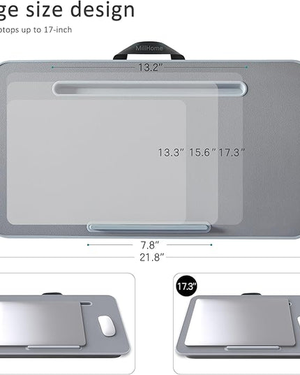 Lap Desk, Lap Desk with Cushion, Fits up to 17 inch Laptop, Pillow Designed, Portable Laptop Stand with Tray, Pad & Phone Holder, Home Office for Bed/Couch/Car/Reading/Writing, MillHome (Gray)