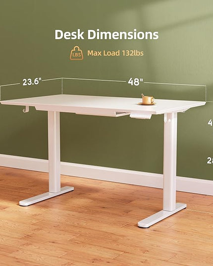 INNOVAR Glass Standing Desk with Drawers, 48×24 Inch Adjustable Stand Up Desk Quick Install Home Office Computer Desk, White