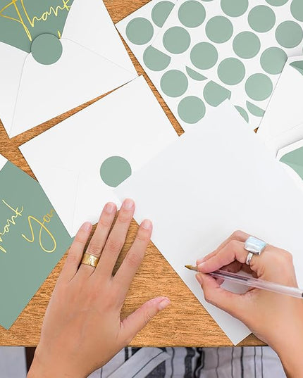 VNS Creations Gold Foil Thank You Cards With Envelopes Bulk Set & Stickers - 100 Pack 4x6 Blank Thank You Notes - Large Note Card Small Business, Wedding, Baby Shower & Bridal Shower - Granite Green