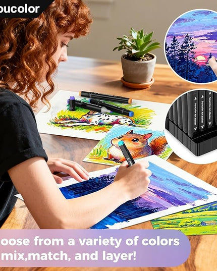 Soucolor Alcohol Markers 204 Colors with Case & Holders, Dual Tips Chisel & Fine Art Markers for Adult Coloring Kids Drawing, Artist Markers Art Supplies for Blending Sketching