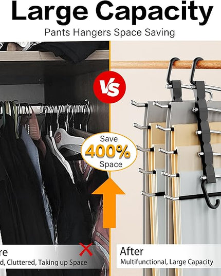 Pants Hangers Space Saving - 2 Pack Closet Organizer and Storage Jean Hangers, Stainless Steel Anti-Slip Clothes Hanger Scarf Holder for Pants Jeans Leggings Trousers Pant Rack, Black