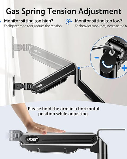 Acer Single Monitor Mount, Fully Adjustable Monitor Arm Fits 17 to 34 Inch Screens, Gas Spring VESA Mount with C-Clamp & Grommet Base, Computer Desk Arm with Tilt Swivel Rotate Supports 4.4-19.8 lbs
