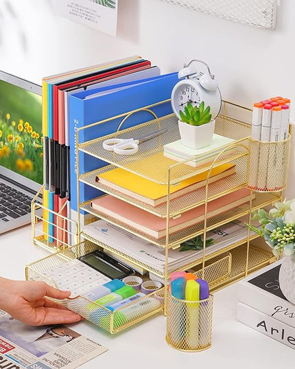 Marbrasse Rose Gold Desk Organizer with File Holder, 5-Tier Paper Letter Tray Organizer with Drawer and 2 Pen Holder, Mesh Desktop Organizer and Storage with Magazine Holder for Office Supplies