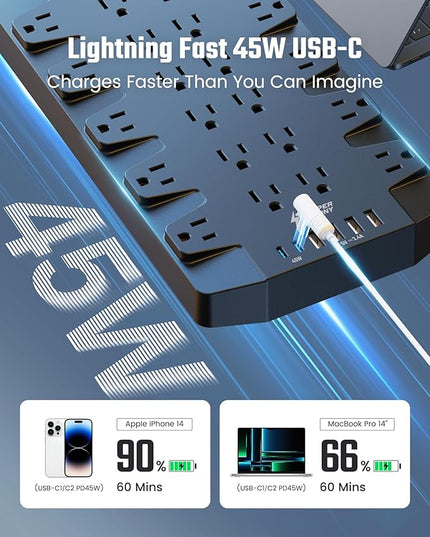 SUPERDANNY Power Strip Surge Protector with 10ft Extension Cord - 22 Outlets, 6 USB Ports, 45W Fast Charging - 1875W/15A, 2100J, 45°Plug, Mountable - Ideal for Home, Office, Gaming, PC, Streaming