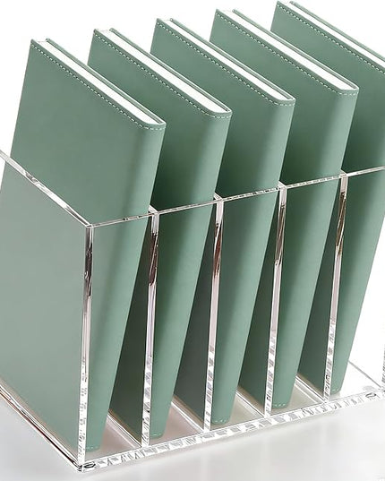 YUXUN Clear Acrylic File Folder Holder - 5 Vertical Compartments Desk Document Sorter, Upright Magazine Rack for Office/Home/Classroom, Stores Documents, Tablets, Magazines, Books & Accessories