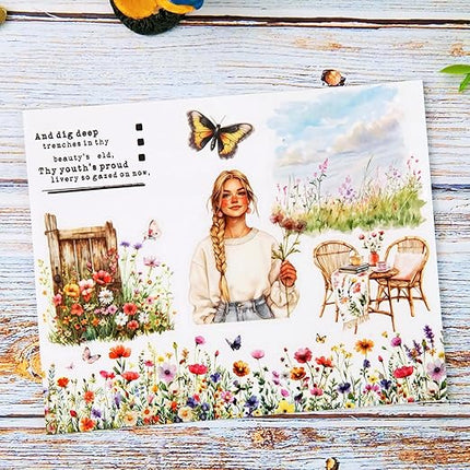 AuriicLeaf Spring Garden PET Tape Set, 3 Rolls Pre-Cut Wildflower Stickers for Scrapbooking, Journaling, DIY Crafts, and Collage Art (30 mm/50 mm/55 mm)