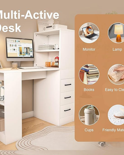 KEIKI L Shaped Desk with Drawers and Hutch, Corner Office Desk with Storage, Computer Desk with 4-in-1 Socket, 3 Drawers & 4 Shelves, White