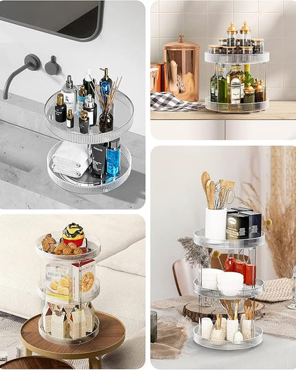 Acina 2-Tier Bathroom Countertop Organizer: 360° Clear Lazy Susan Rotating Storage Tray - Spinning Perfume Cosmetics Vanity Shelf for Bathroom Cabinet, Kitchen (Large)
