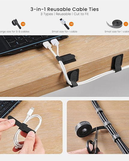 EUREKA ERGONOMIC 316 PCS Cable Management Organizer Kit Cable Raceways, 6 Cable Holder, 4 Cord Sleeve, 60 Wire Clips,2 Roll Self Adhesive Wire Ties, 100 Zip Ties for Office Home Under PC Desk, Black