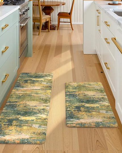 Collive Anti Fatigue Kitchen Rugs Sets of 2, Abstract Non Slip Waterproof Kitchen Mat Modern Runner Rug, Ergonomic Comfort Desk Rugs for Floor, 17"x59"+17"x29" Green/Yellow