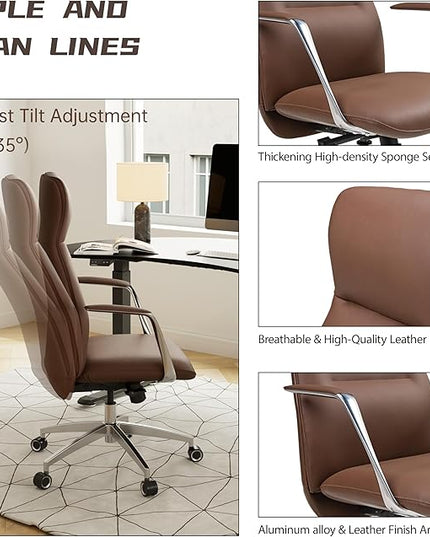 EUREKA ERGONOMIC Royal Slim Executive High Back Brown Leather Office Chair, Home Desk Chair for Adults, Big and Tall with Wheels, Swivel Rolling