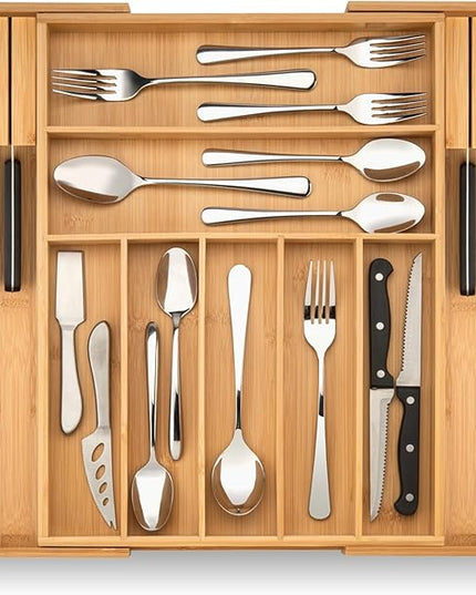 Bamboo Drawer Organizer with Knife Blocks - Silverware Organizer & Utensil Drawer Organizer, Cutlery Tray with Dividers, 7-9 Slots- Premium Kitchen Organizer for Utensils & Flatware (Natural)