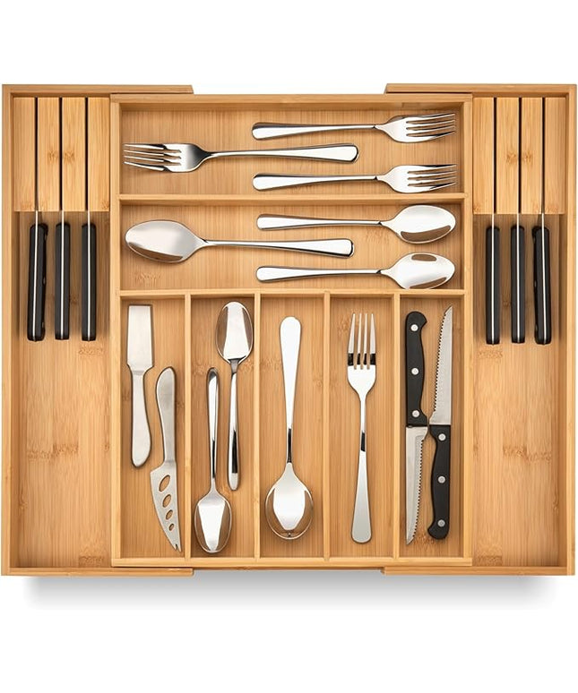 Bamboo Drawer Organizer with Knife Blocks - Silverware Organizer & Utensil Drawer Organizer, Cutlery Tray with Dividers, 7-9 Slots- Premium Kitchen Organizer for Utensils & Flatware (Natural)