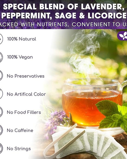 FreshDrinkUS, Premium 55 Tea Bags Lavender Mint Tea, 100% Natural, Blend of Lavender, Peppermint, Sage and Licorice. Made with Natural Material Tea Bags. No Sugar, No Caffeine, Vegan.