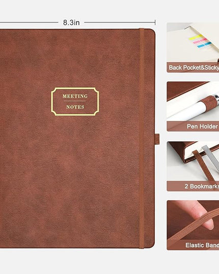 EMSHOI Meeting Notebook for Work with Sticky Tabs - 240 Pages, A4 Size Project Planner, PU Leather Meeting Agenda/Minutes Organizer for Women Men, Note Taking, Office & Business, 8.3"x11.7", Coffee