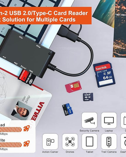 USB C/A SIM Card Adapter Smart Card Reader - 7 in 2 CAC Reader Military & MS Pro Duo/SD/TF/M2/ID/IC/PIV/SIM Card Reader, Memory Stick Pro Duo Adapter CAC Card Reader USB C for Windows, Linux, MacOS