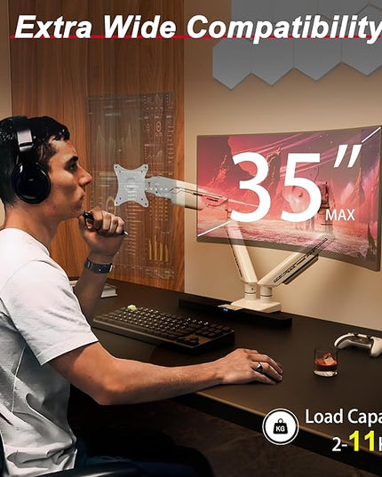 Dual Monitor Arm for 17-35" Screens up to 24.2 lbs, Ergonomic Gas Spring Monitor Stand with Height Adjust, Tilt, Swivel & Cable Management, VESA Desk Mount with 2 Types of Installation, White