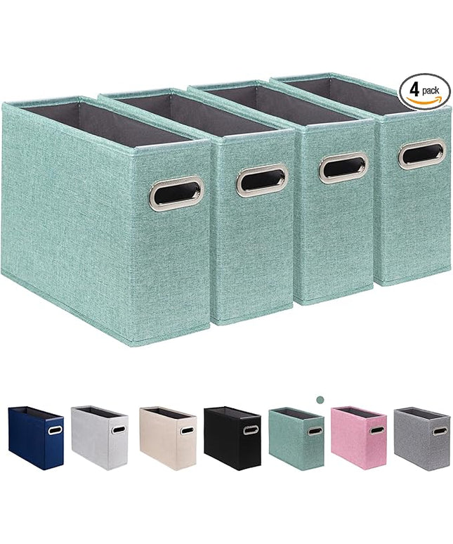 4 Pack Letter Size File Storage Box Collapsible, Fabric Hanging File Folders Organizer, Portable Office Document Holder with Metal Handle, Smooth PVC Rails, Green