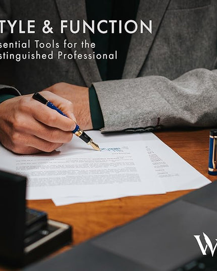 Wordsworth & Black Primori Fountain Pen Set [Blue Gold]; Fine Nib, Gift Case, 24 Ink Cartridges, Refill Converter, Manual; Journaling, Calligraphy, Smooth Writing Pens; Left and Right Handed