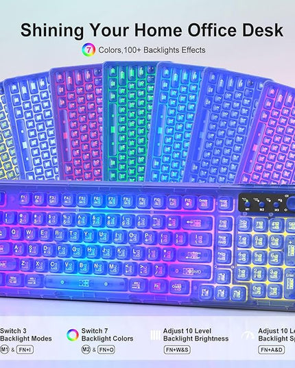 Blue Light Up Keyboard and Mouse Wireless,Cute 2.4Ghz Cordless Rechargeable Transparent Backlit Keyboard,15 Backlight Effects,Volume Knob,RGB Mouse with 3 DPI for Mac Computer PC Laptop Desktop iPad
