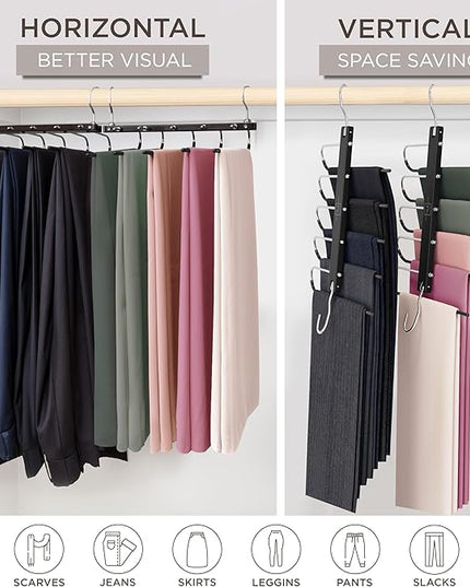 MORALVE Pants Hangers Space Saving - 2 Pack European Beechwood Scarf and Jean Hangers - Closet Organizer and Space Saver Pant Rack, Leggings Hanger, and Scarf Holder with 360° Swivel Hook
