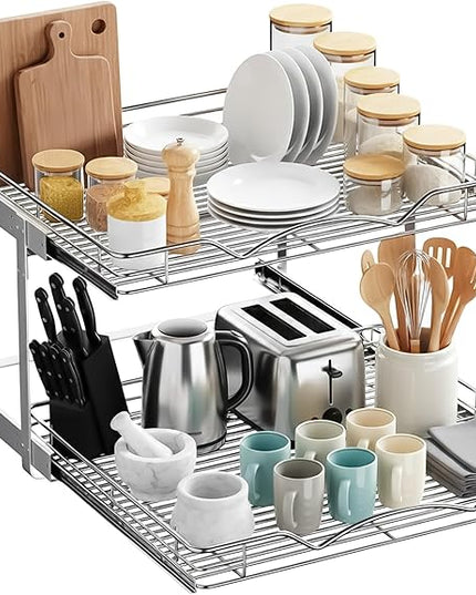 HOLDN’ STORAGE Two Tier Pull Out Cabinet Organizer, Individual Sliding Drawers - Heavy Duty Metal with Lifetime Limited Warranty - Anti Rust Chrome Finish - 24" W x 21”D x 16.5" H