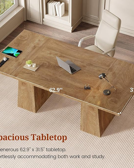 63 in Executive Desk with Power Outlets, Modern Home Office Desk with Storage Cabinet, Wood Computer Desk Business Workstation Desk Conference Table (Oak)