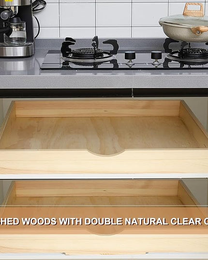 Menkxi 2 Set Pull out Tray Cabinet Organizer Wooden Pull Drawers storage Slide out Pantry Shelf for Base Cabinet Kitchen Gentle Close Fully Assembled Accessories(Wood Color,27'' X 21'' X 3")