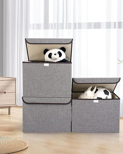 Large 22 Quart Linen Fabric Foldable Storage Bin Cube Organizer Basket with Flip-Top Lid & Handles, Clothes Blanket Box for Home, Office, Closet, Gray, 4 Pack 14.6 x 9.5 x 9.5”