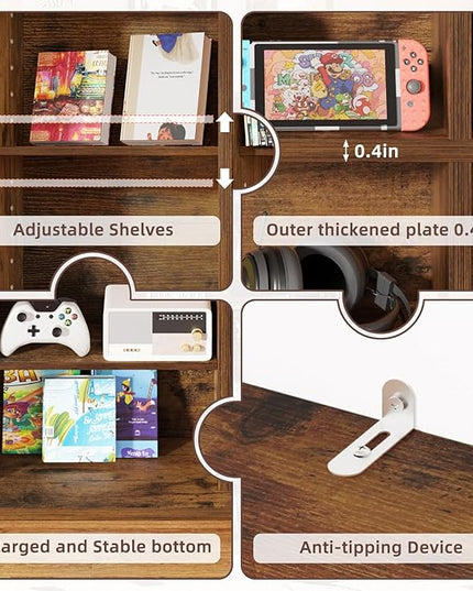 LELELINKY 11 Tier Tall Display Cabinet, Brown Media Storage Cabinet with Adjustable Shelves, Free Standing DVD Organizer Shelf, Floor Multimedia Storage Manga Bookshelf for Living Room & Home Office.
