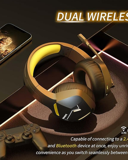 BINNUNE 2.4GHz Wireless Gaming Headset, Bluetooth 5.3 Gaming Headphones with Noise Canceling Mic, 120H Ultra-Long Battery, 50mm Drivers, Multi-Platform for PC / PS5 /PS4/ Switch/Mobile, Yellow