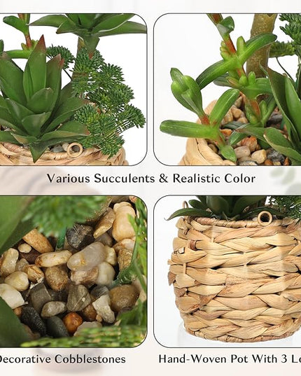 10" Large Succulents Plants Artificial in Wooden Pots, Fake Succulents in Woven Pots, Faux Succulent Artificial Plants Indoor for Home, Bedroom, Living Room, Bathroom Desk Shelf Table Decor