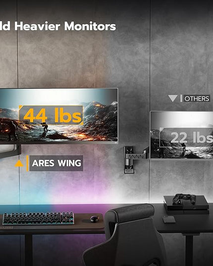 ARES WING Wall Mount Monitor Arm for 17-49 Inch Ultrawide Screens, Heavy Duty Single Monitor Mount Holds 44 lbs, Fully Adjustable Gas Spring Wall Mount, 75x75/100x100 VESA Mount, Black