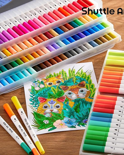 120 Colors Dual Tip Brush Marker Pens with 1 Coloring Book, Fineliner and Brush Dual Tip Markers Set, Water-based Ink Perfect for Kids Adult Artist Calligraphy Hand Lettering Journal Doodling Writing