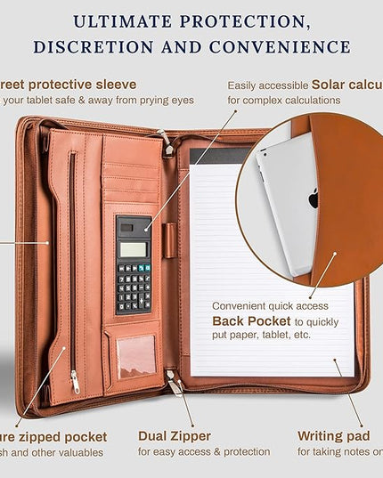 Cossini Premium Business Portfolio with Zipper – Padfolio - Superior Business Impressions Begin with PU Vegan Leather, 10.1 Inch Tablet Sleeve, Smart Storage, Solar Calculator, Writing Pad - Tan