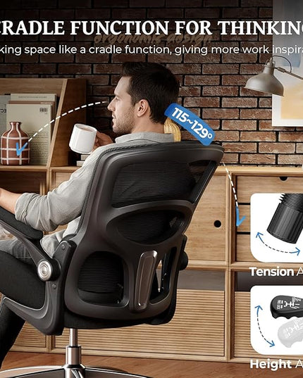 Ergonomic Office Chair - Office Desk Chair with Adjustable Lumbar Support - Mesh Comfy Chair with Flip-Up Arms - Heavy Duty Gaming Chairs for Adults Home and Business