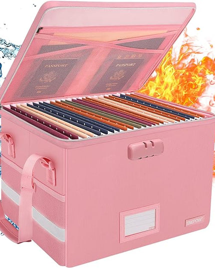 ENGPOW File Box with Lock, Fireproof Document Box with Zipper＆Pockets, Collapsible File Organizer Filing Storage Cabinet with Handle, Portable Home Office Safe for Hanging Letter/Legal Folder, Pink