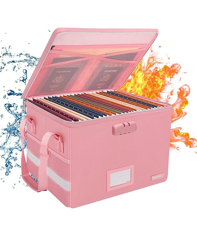 ENGPOW File Box with Lock, Fireproof Document Box with Zipper＆Pockets, Collapsible File Organizer Filing Storage Cabinet with Handle, Portable Home Office Safe for Hanging Letter/Legal Folder, Pink