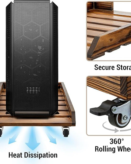 MyGift Rustic Solid Wood CPU Tower Stand – Deluxe PC Holder with Rolling Lockable Caster Wheels, Computer Case Floor Stand