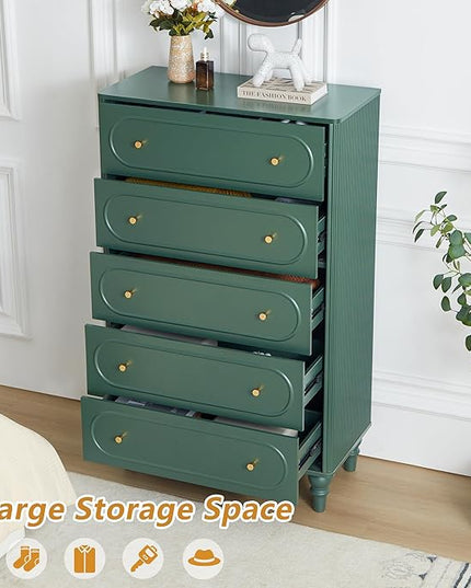 5 Drawer Fluted Dresser for Bedroom, Mid Century Modern Chest of Drawers, Wood Storage Large Dresser Organizer for Bedroom Living Room Hallway Closet, Green