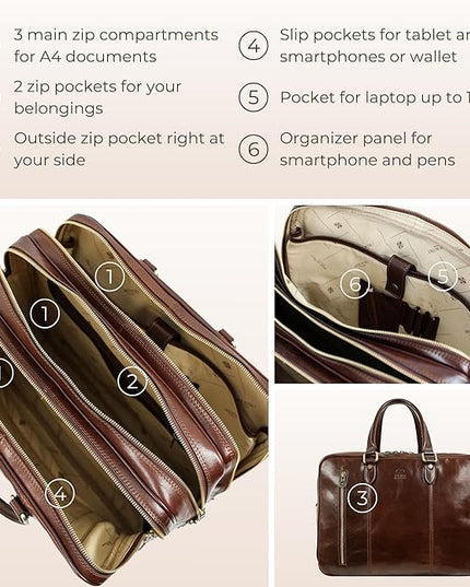 Time Resistance Leather Laptop Briefcase - Full Grain Leather Computer Bag for Men and Women