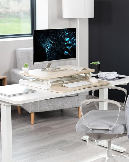 VIVO 26 inch Desk Converter, K Series, Height Adjustable Sit to Stand Riser, Dual Monitor and Laptop Workstation with Keyboard Tray, Light Wood Top, White Frame, DESK-V026KF