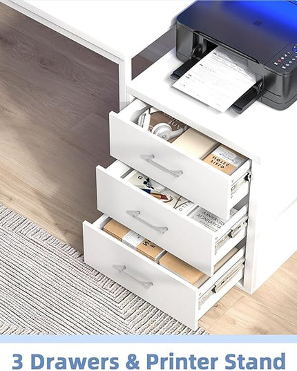 White Desk with 3 Drawers, 67 Inch Office Desk with Long Monitor Stand & Printer Shelf, Reversible Computer Desk with LED Lights for Bedroom
