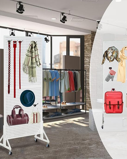 Eastern Tree 2.5'x 6' Metal Pegboard Display Stand with T-Base, Peg Board Panels Display with Casters, Standing Pegboard Display, Retail Display Stand, Extra 10 Pieces Hooks, White